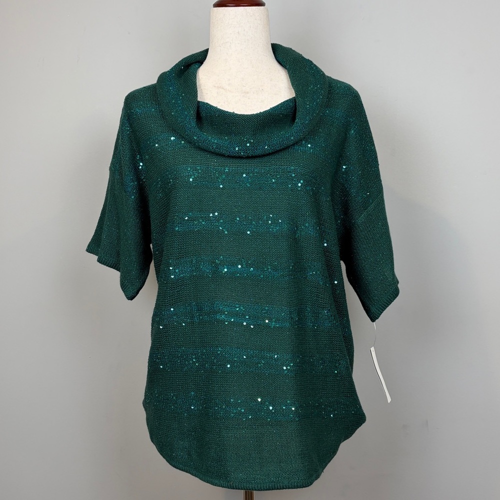 NWT New Directions‎ Green Cowl Neck SS Sequin Metallic Lurex Sweater SZ M